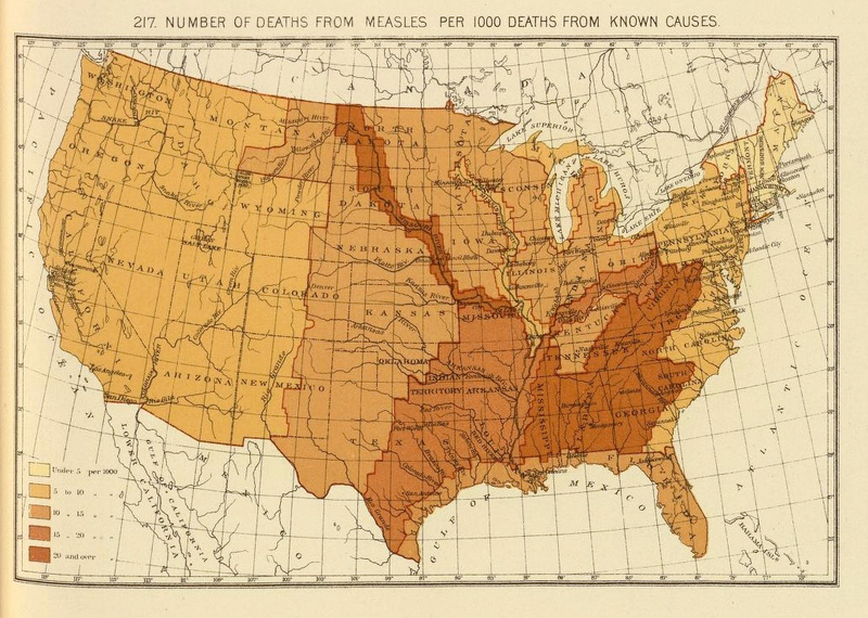 A map from 1890 showing the number of deaths from measles per 1,000 deaths from known causes. (Image: U.S. Census Office)